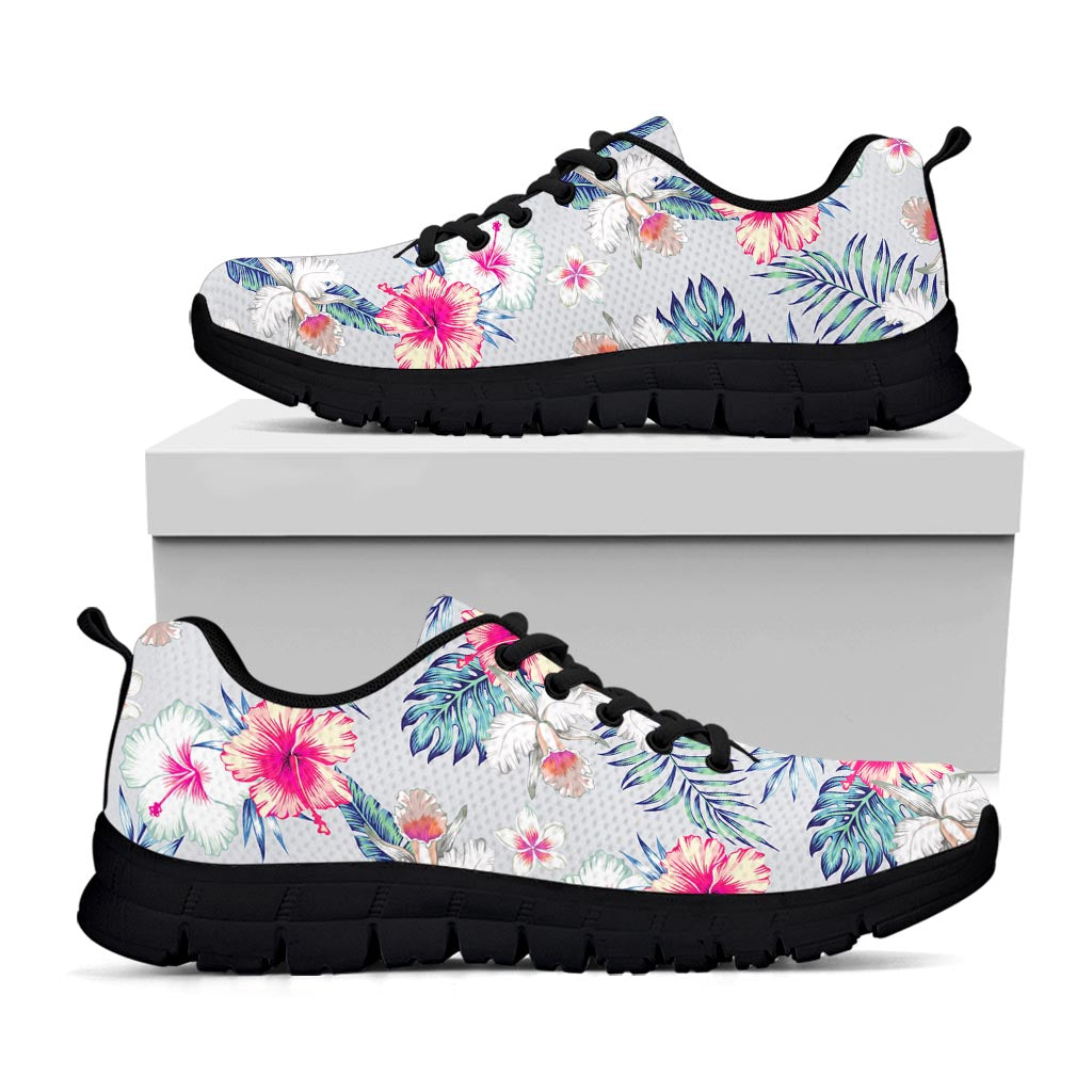 Hibiscus Orchids Hawaii Pattern Print Black Running Shoes