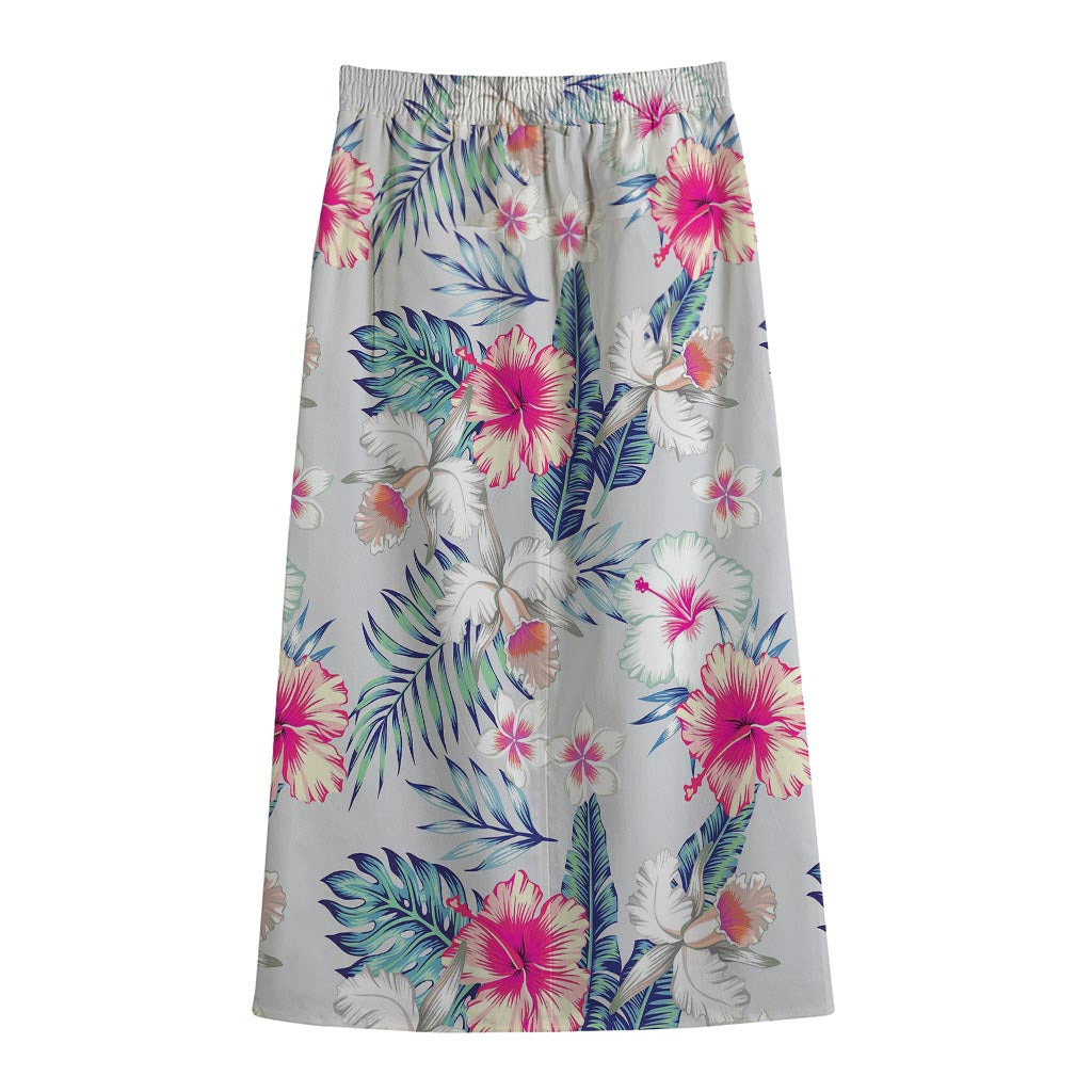 Hibiscus Orchids Hawaii Pattern Print Cotton Front Slit Maxi Skirt