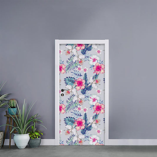 Hibiscus Orchids Hawaii Pattern Print Door Sticker