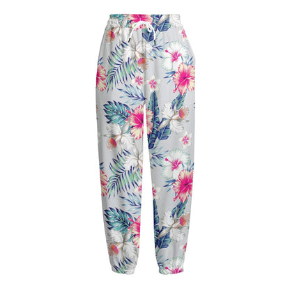 Hibiscus Orchids Hawaii Pattern Print Fleece Lined Knit Pants