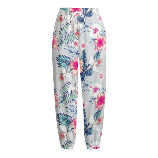 Hibiscus Orchids Hawaii Pattern Print Fleece Lined Knit Pants