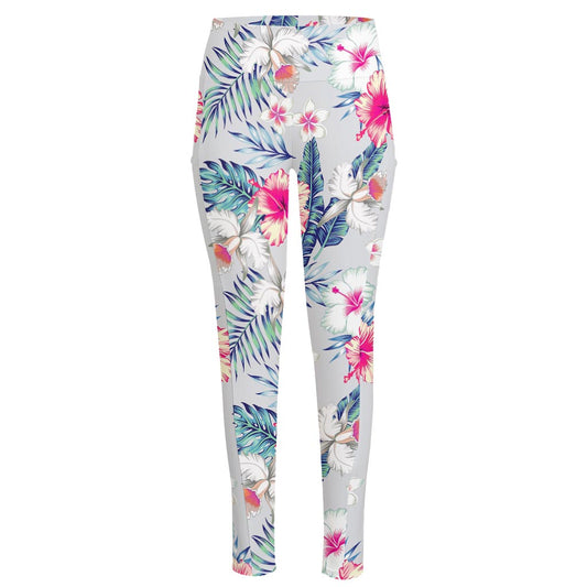 Hibiscus Orchids Hawaii Pattern Print High-Waisted Pocket Leggings