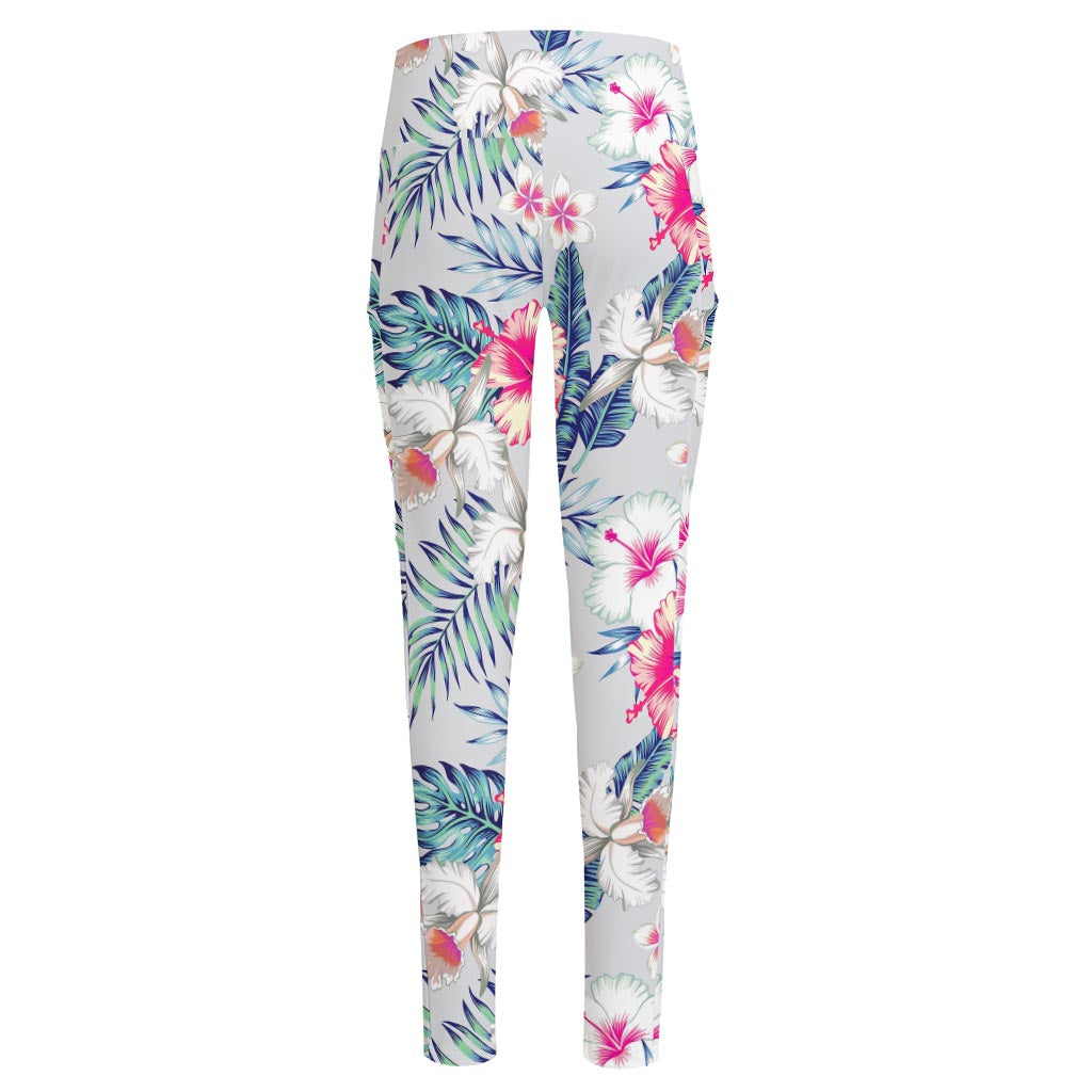 Hibiscus Orchids Hawaii Pattern Print High-Waisted Pocket Leggings