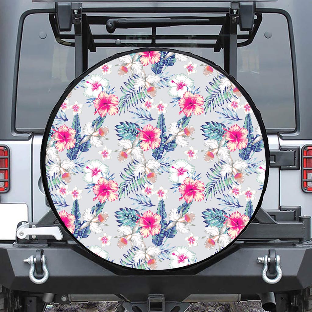 Hibiscus Orchids Hawaii Pattern Print Leather Spare Tire Cover