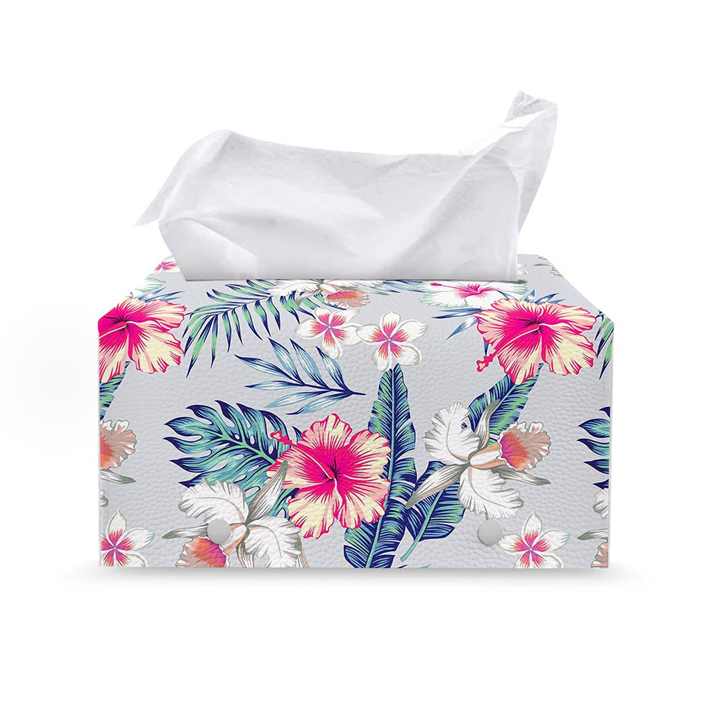 Hibiscus Orchids Hawaii Pattern Print Leather Tissue Box Cover