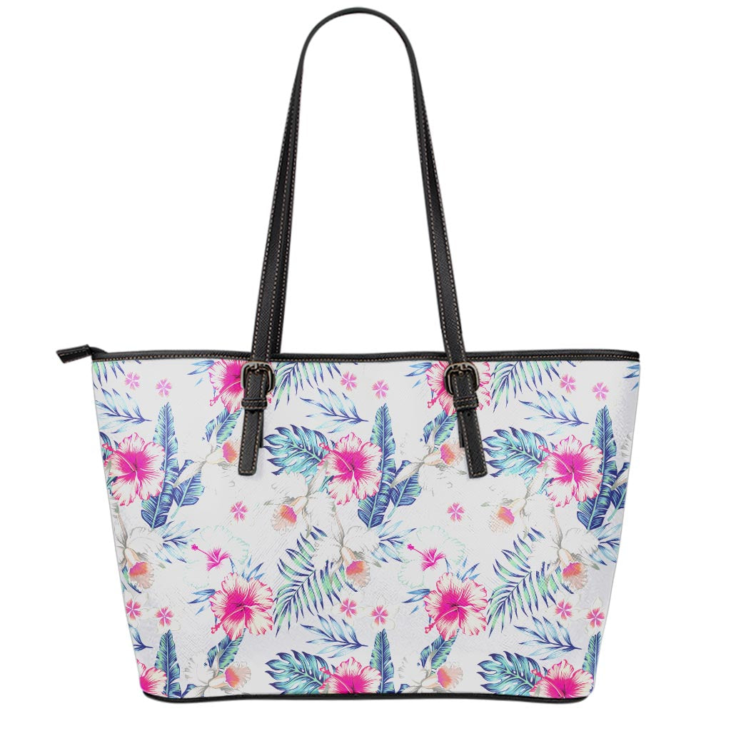 Hibiscus Orchids Hawaii Pattern Print Leather Tote Bag