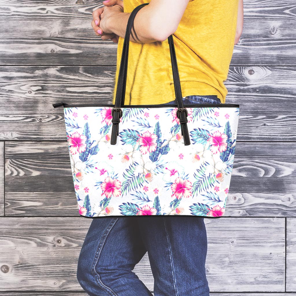 Hibiscus Orchids Hawaii Pattern Print Leather Tote Bag