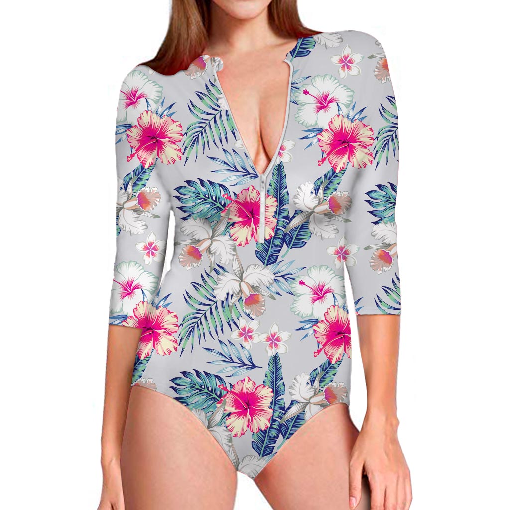 Hibiscus Orchids Hawaii Pattern Print Long Sleeve Swimsuit