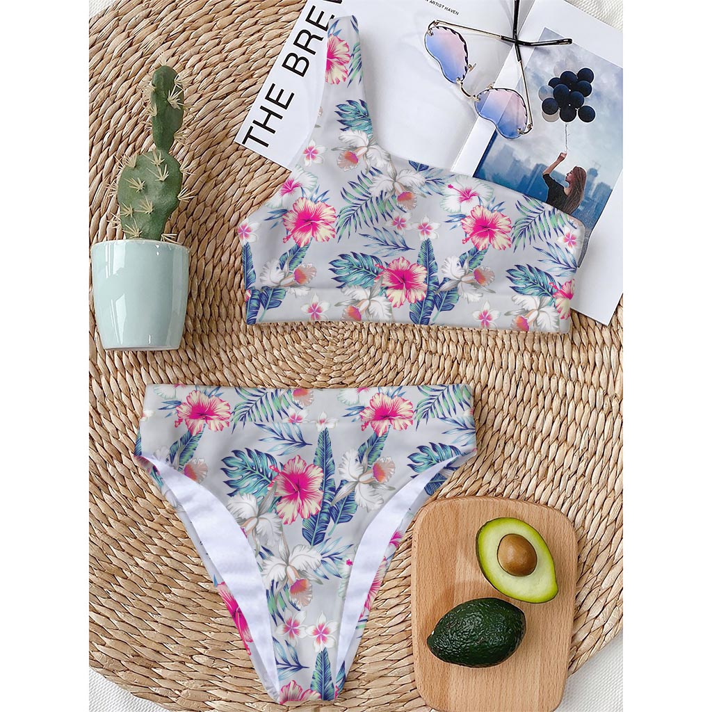 Hibiscus Orchids Hawaii Pattern Print One Shoulder Bikini Top