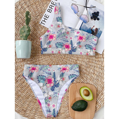 Hibiscus Orchids Hawaii Pattern Print One Shoulder Bikini Top