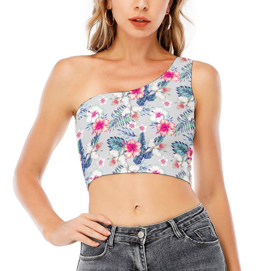 Hibiscus Orchids Hawaii Pattern Print One Shoulder Crop Top