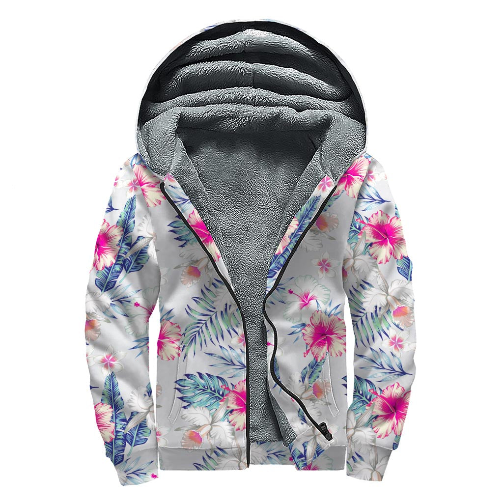 Hibiscus Orchids Hawaii Pattern Print Sherpa Lined Zip Up Hoodie
