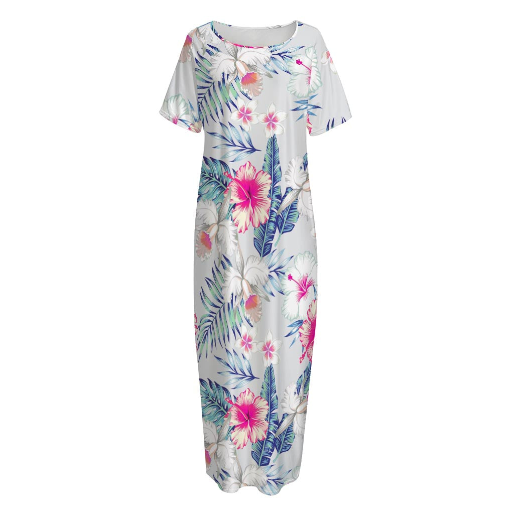 Hibiscus Orchids Hawaii Pattern Print Short Sleeve Long Nightdress