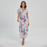 Hibiscus Orchids Hawaii Pattern Print Short Sleeve Maxi Dress