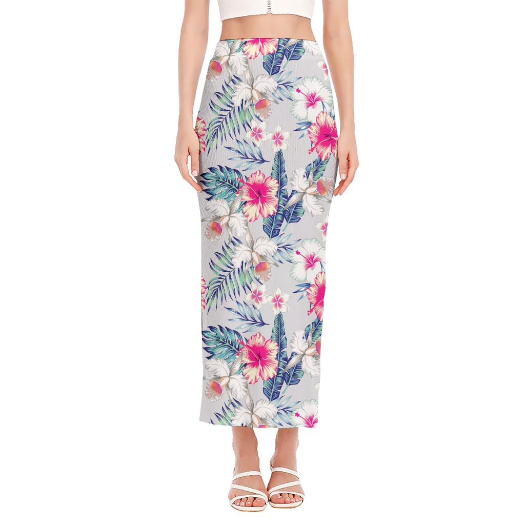 Hibiscus Orchids Hawaii Pattern Print Side Slit Maxi Skirt