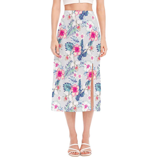 Hibiscus Orchids Hawaii Pattern Print Side Slit Midi Skirt
