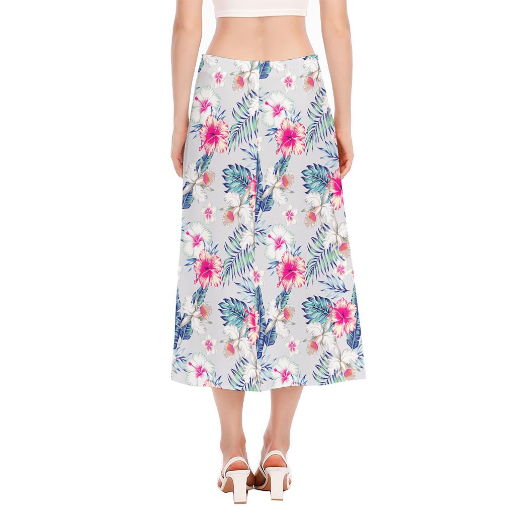 Hibiscus Orchids Hawaii Pattern Print Side Slit Midi Skirt