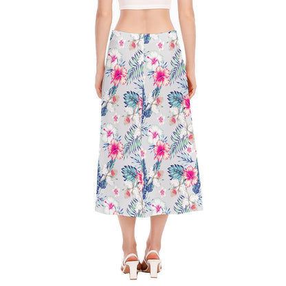 Hibiscus Orchids Hawaii Pattern Print Side Slit Midi Skirt