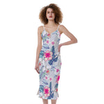 Hibiscus Orchids Hawaii Pattern Print Slim Fit Midi Cami Dress