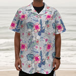 Hibiscus Orchids Hawaii Pattern Print Textured Short Sleeve Shirt