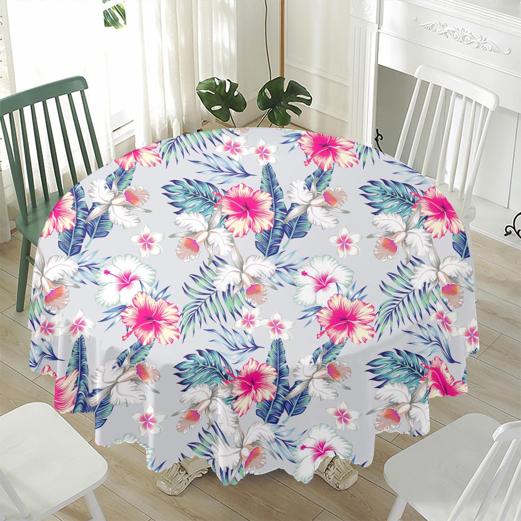 Hibiscus Orchids Hawaii Pattern Print Waterproof Round Tablecloth