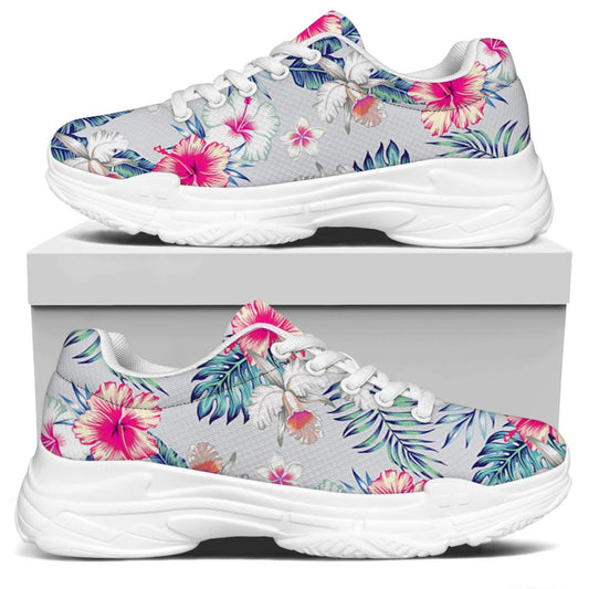 Hibiscus Orchids Hawaii Pattern Print White Chunky Shoes
