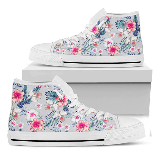 Hibiscus Orchids Hawaii Pattern Print White High Top Sneakers