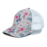 Hibiscus Orchids Hawaii Pattern Print White Mesh Trucker Cap