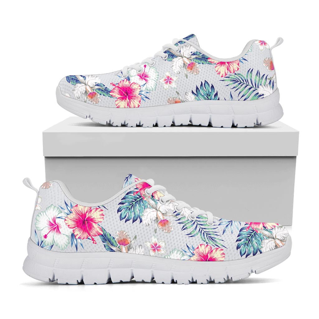 Hibiscus Orchids Hawaii Pattern Print White Running Shoes