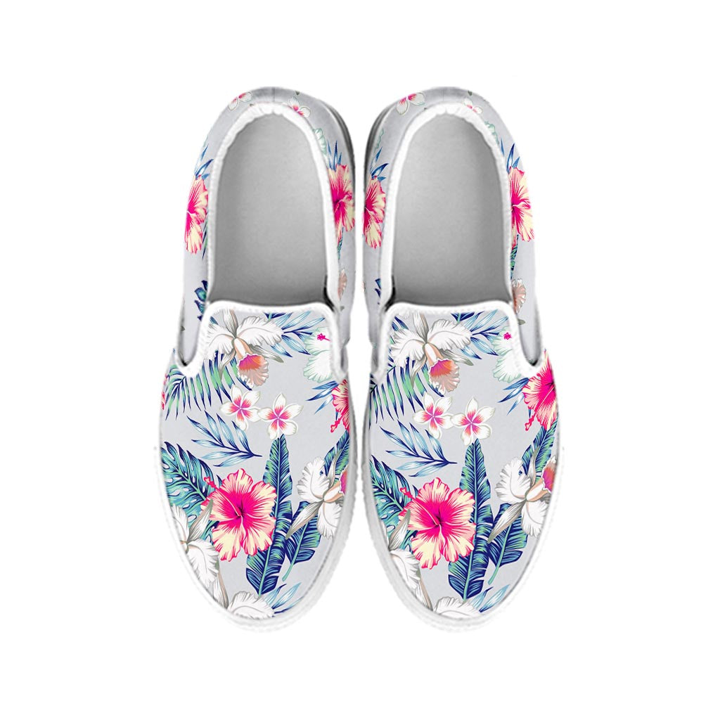 Hibiscus Orchids Hawaii Pattern Print White Slip On Sneakers