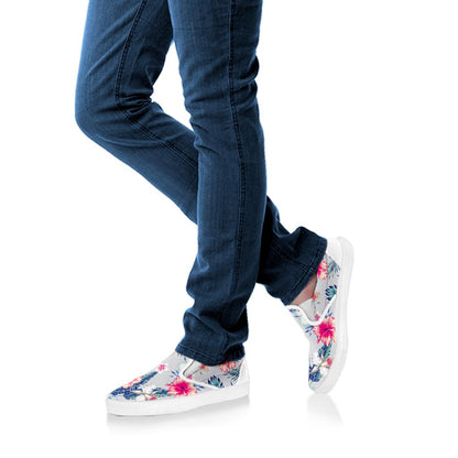 Hibiscus Orchids Hawaii Pattern Print White Slip On Sneakers