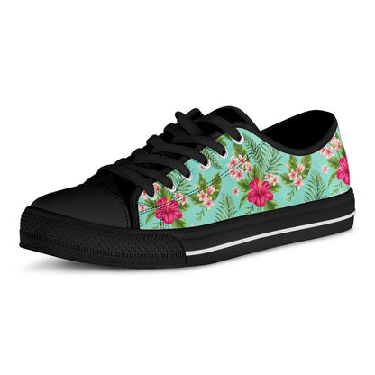 Hibiscus Plumeria Flowers Pattern Print Black Low Top Sneakers