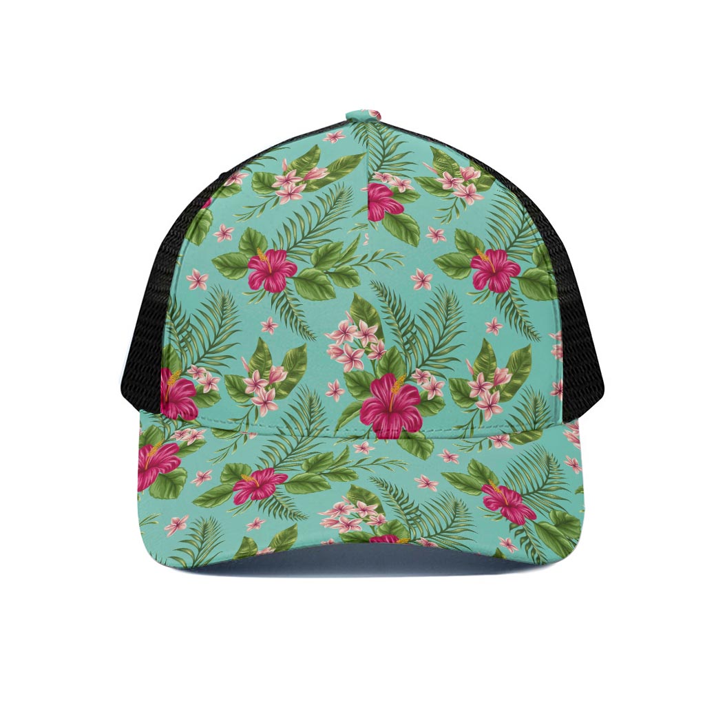 Hibiscus Plumeria Flowers Pattern Print Black Mesh Trucker Cap