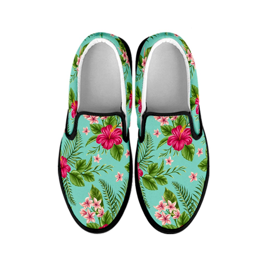 Hibiscus Plumeria Flowers Pattern Print Black Slip On Sneakers