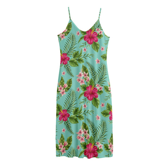 Hibiscus Plumeria Flowers Pattern Print Jersey Midi Cami Dress