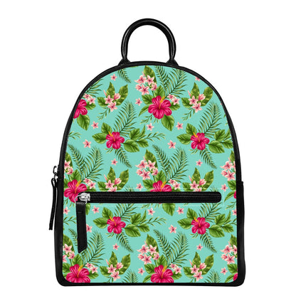 Hibiscus Plumeria Flowers Pattern Print Leather Backpack