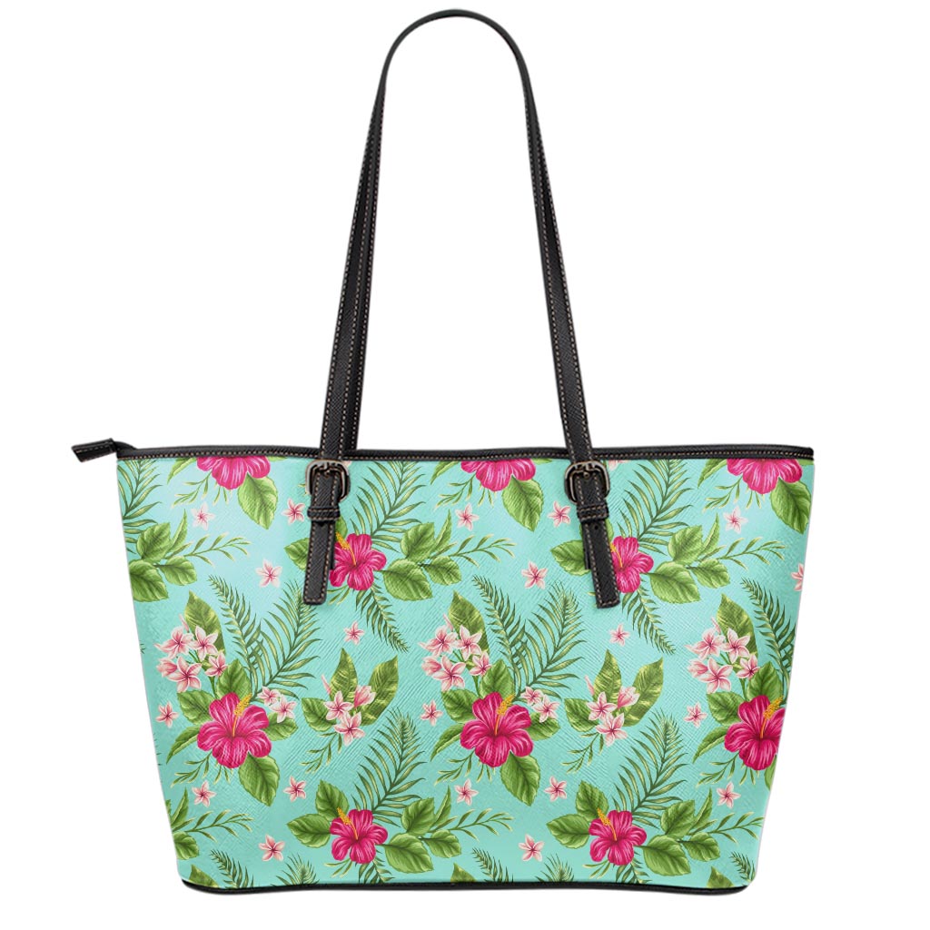Hibiscus Plumeria Flowers Pattern Print Leather Tote Bag