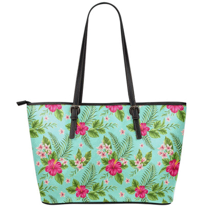 Hibiscus Plumeria Flowers Pattern Print Leather Tote Bag