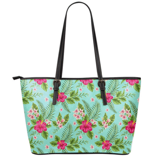 Hibiscus Plumeria Flowers Pattern Print Leather Tote Bag