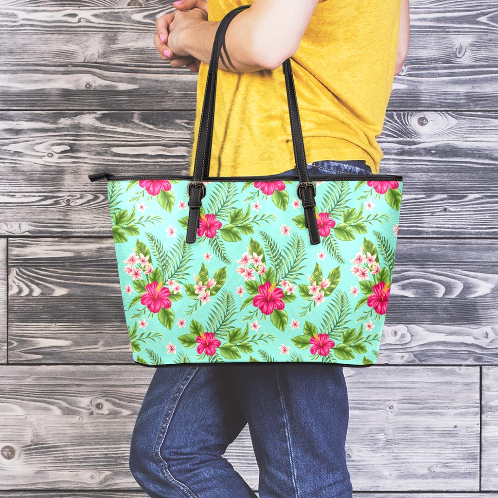 Hibiscus Plumeria Flowers Pattern Print Leather Tote Bag