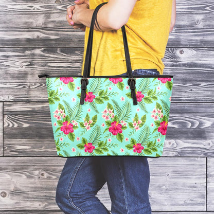 Hibiscus Plumeria Flowers Pattern Print Leather Tote Bag