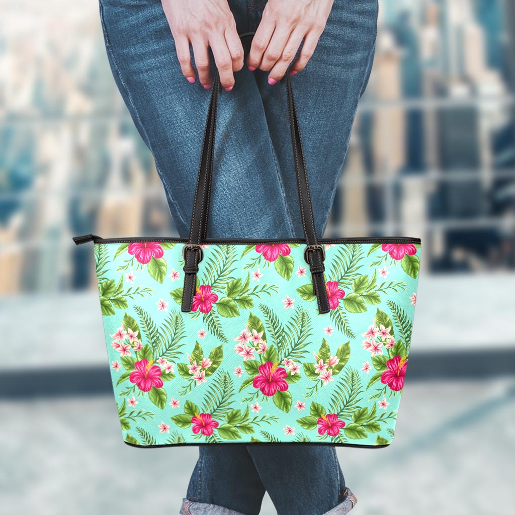 Hibiscus Plumeria Flowers Pattern Print Leather Tote Bag