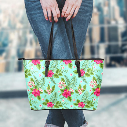 Hibiscus Plumeria Flowers Pattern Print Leather Tote Bag