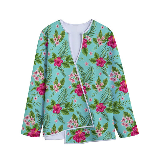 Hibiscus Plumeria Flowers Pattern Print Long Sleeve Short Coat