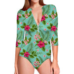 Hibiscus Plumeria Flowers Pattern Print Long Sleeve Swimsuit
