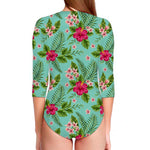 Hibiscus Plumeria Flowers Pattern Print Long Sleeve Swimsuit