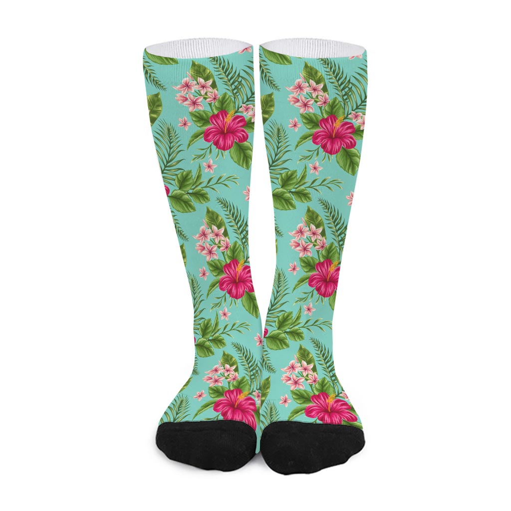 Hibiscus Plumeria Flowers Pattern Print Long Socks