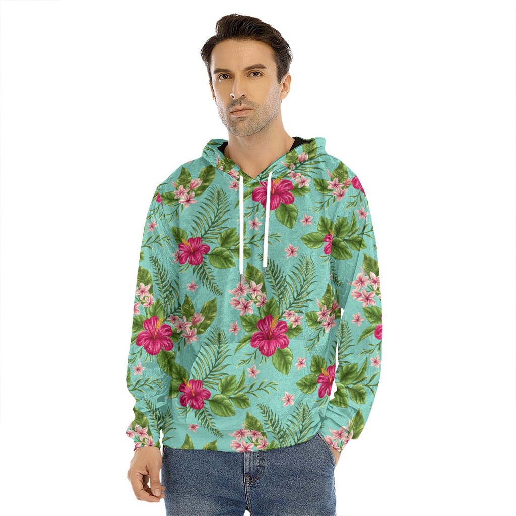 Hibiscus Plumeria Flowers Pattern Print Men's Velvet Pullover Hoodie