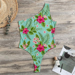 Hibiscus Plumeria Flowers Pattern Print One Shoulder Bodysuit
