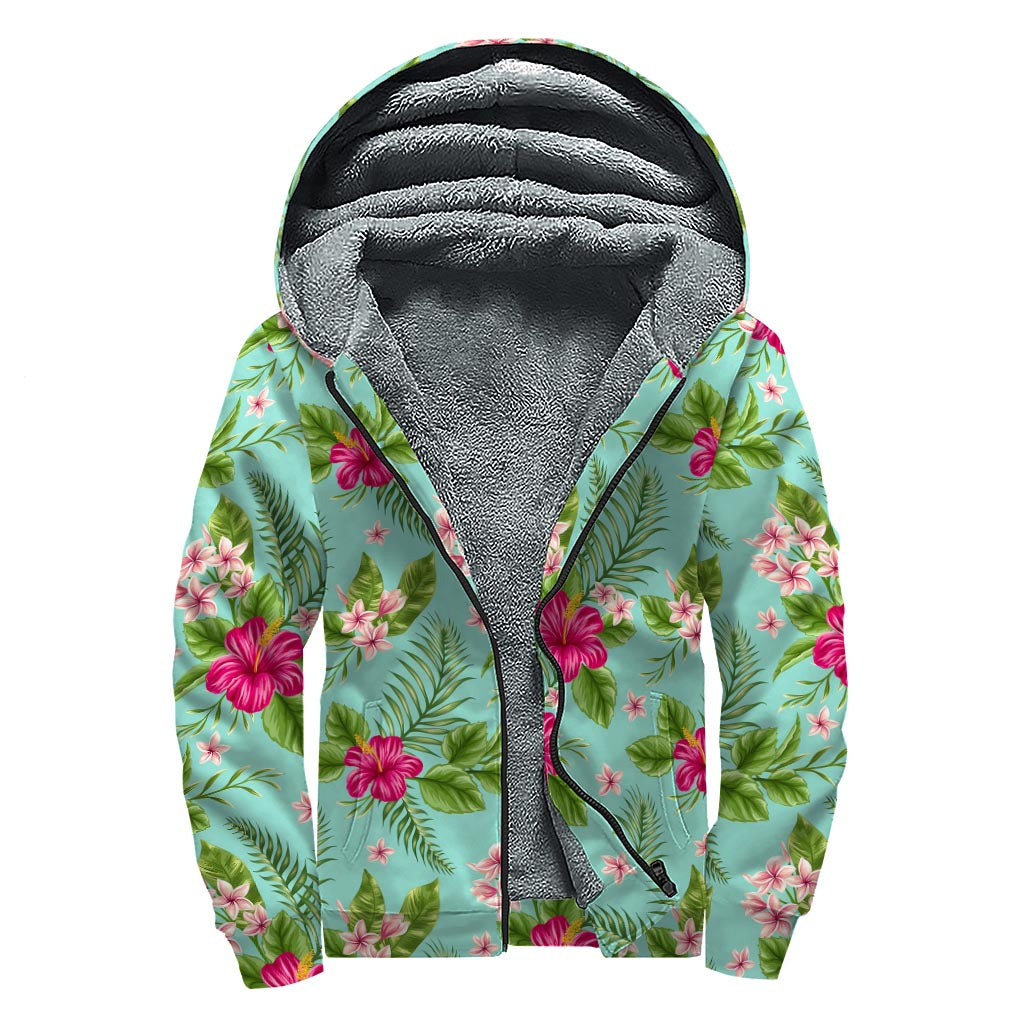 Hibiscus Plumeria Flowers Pattern Print Sherpa Lined Zip Up Hoodie